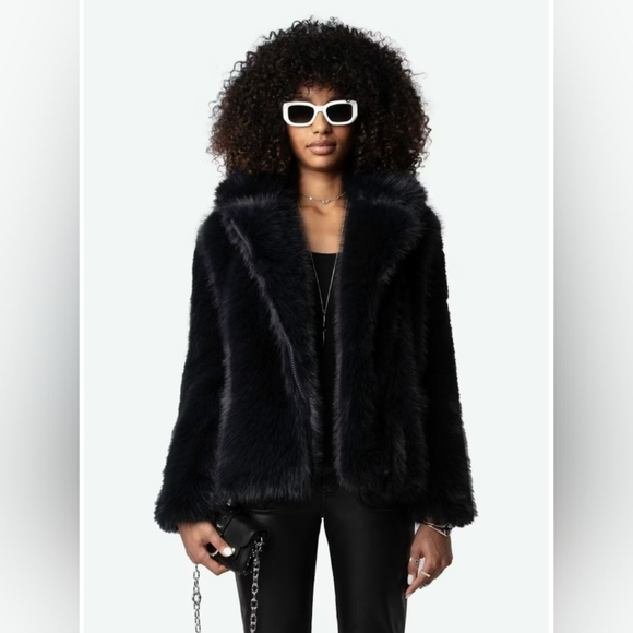 ZADIG & VOLTAIRE Freeze Faux Fur Coat Black/Green 3-Pocket Front Zip Close M/L - Picture 16 of 16